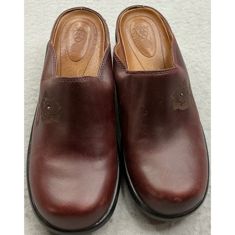 Ariat Leather Clogs Embossed Rose Detail Size 7.5 Burgundy Wine Mule Slip On